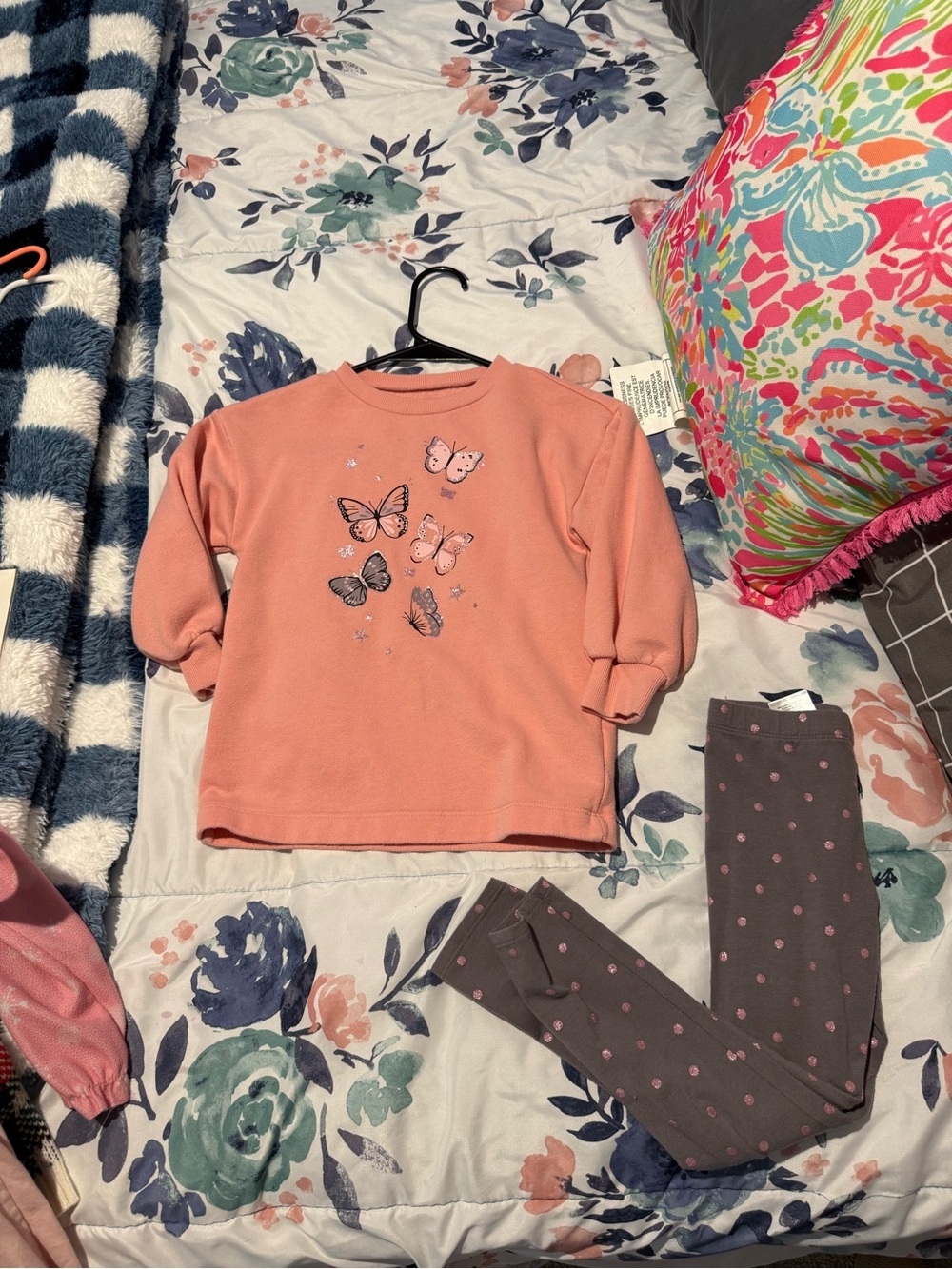 Girls Pink Butterfly Sweatshirt & Gray Polka Dot Leggings Set XS